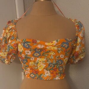 Zara Floral Orange Puff-Sleeve Smocked Crop Top S Festival Bohemian Cottagecore
